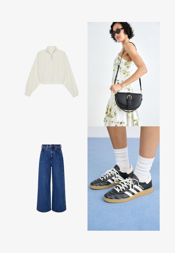 Kratka pulover v kremnem blagu, z visokim ovratnikom, pol-zadrgo, elastičnim robom in manšetami, z gladko teksturo in minimalističnim oblikovanjem.; Široke jeans hlače v temno modri barvi. Imajo visok pas, kontrastno šivanje, sprednje žepe in zapiranje na gumb.; Črne usnjene superge z belimi črtami, okroglo konico, belimi vezalkami in gumijastim podplatom. Poudarjene z oblazinjenim ovratnikom in detajli blagovne znamke.; Črna usnjena torbica s ukrivljeno obliko, z odstranljivo naramnico in zlatimi dodatki. Torbica ima pokrov s podrobnostmi v obliki zaponke.