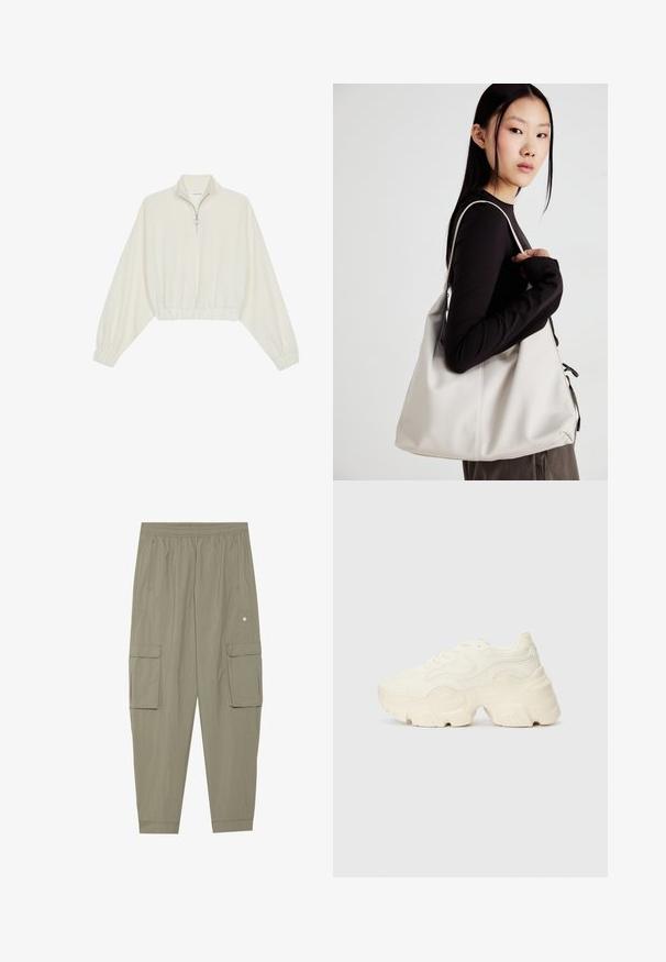 Lyhyt kerrosvaate vaaleasta kankaasta, jossa on korkea kaulus, puolivetoketjukiinnitys, joustavat helma ja hihansuut, tasainen pinta ja minimalistinen muotoilu.; Oliivivihreät cargo-housut, joissa on joustava vyötärö, sivutaskut ja kaksi suurta etutaskua. Tasainen, kevyt rakenne.; Paksut valkoiset lenkkarit, jotka on valmistettu teksturoidusta verkosta ja synteettisistä materiaaleista. Kenkäparissa on paksu pohja ja monimutkaisat kuviohuokoset sivuilla.; Beige laukku, joka on valmistettu pehmeästä materiaalista, ja siinä on rento muotoilu, ommeltu yksityiskohtia ja kaksi olkahihnaa. Sopii päivittäiseen käyttöön.