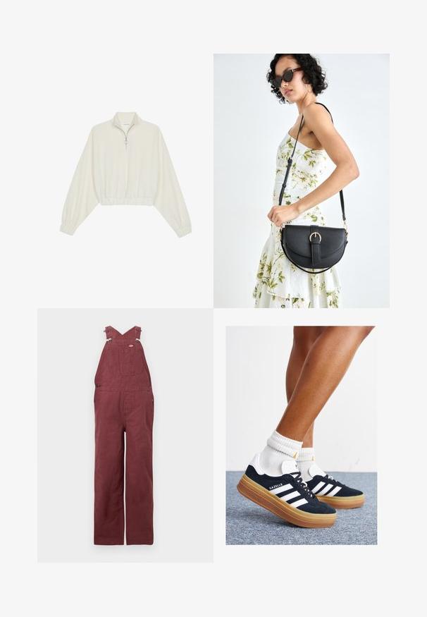 Geknipt pullover in crèmekleurige stof, met een hoge kraag, halve rits, elastische zoom en manchetten, met een soepele textuur en minimalistisch ontwerp.; Bordeaux overalls van katoen, met kruisbande straps, vo pockets en metalen hardware accenten. Soepele textuur en een relaxte pasvorm.; Zwarte suède sneakers met witte strepen en accenten, ronde neus, gum rubberen buitenzool, gecombineerd met witte geribbelde crewkousen.; Zwarte leren handtas met een gebogen vorm, afneembare schouderband en gouden hardware. De tas heeft een klep met een gespsluiting.