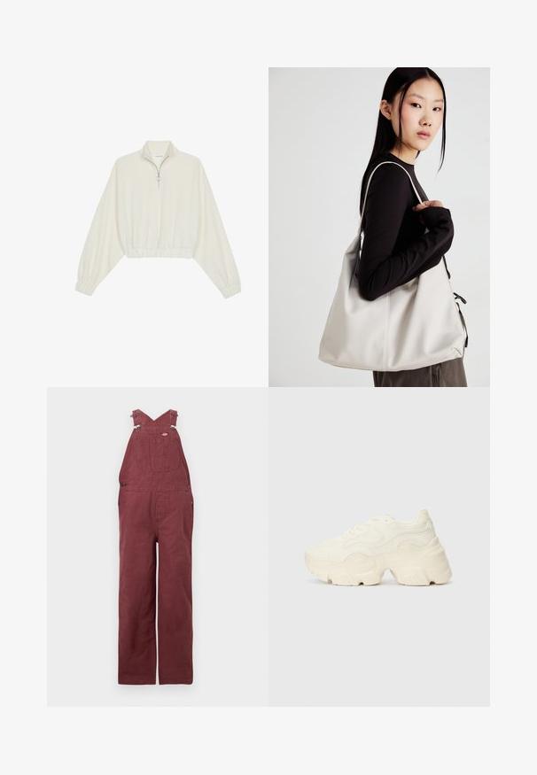 Cropped pullover in cream fabric, featuring a high collar, half-zip closure, elasticated hem and cuffs, with a smooth texture and minimal design.; Burgundy overalls made of cotton, featuring cross-back straps, front pockets, and metal hardware accents. Smooth texture and relaxed fit.; Chunky white sneakers made of textured mesh and synthetic materials, featuring a thick sole and intricate pattern details along the sides.; Beige handbag made of soft material, featuring a slouchy design, stitched detailing, and two shoulder straps. Suitable for everyday use.