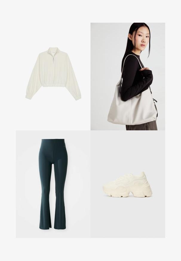 Skraćeni pulover od kremastog materijala, s visokim ovratnikom, zatvaranjem na polovicu munje, elastičnim rubom i manžetama, s glatkom teksturom i minimalnim dizajnom.; Tamnozelene uske tajice sa širokim pojasom, izrađene od rastezljivog materijala. Sadrže suptilan detalj loga blizu struka. Glatka tekstura.; Masivne bijele tenisice od teksturirane mreže i sintetičkih materijala, sa debelim potplatom i složenim uzorcima duž strana.; Bežna torba od mekog materijala s opuštenim dizajnom, šivanim detaljima i dva remena za rame. Pogodna za svakodnevnu upotrebu.