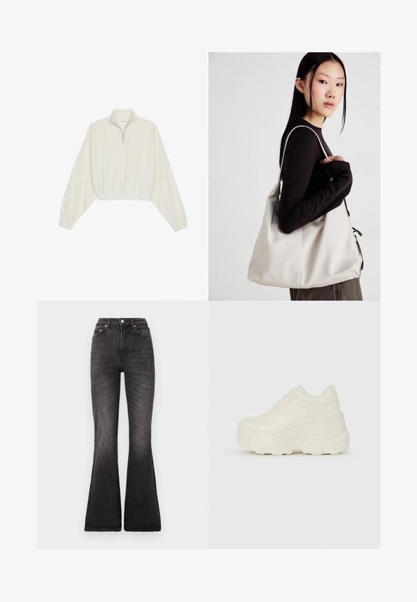 Cropped pullover in cream fabric, featuring a high collar, half-zip closure, elasticated hem and cuffs, with a smooth texture and minimal design.; Black flared jeans with a high waist, featuring a metal button closure, five-pocket design, and subtle fading along the fabric texture.; White platform sneakers featuring a smooth leather-like upper, rounded shape, padded collar, and textured rubber sole with defined treads.; Beige handbag made of soft material, featuring a slouchy design, stitched detailing, and two shoulder straps. Suitable for everyday use.