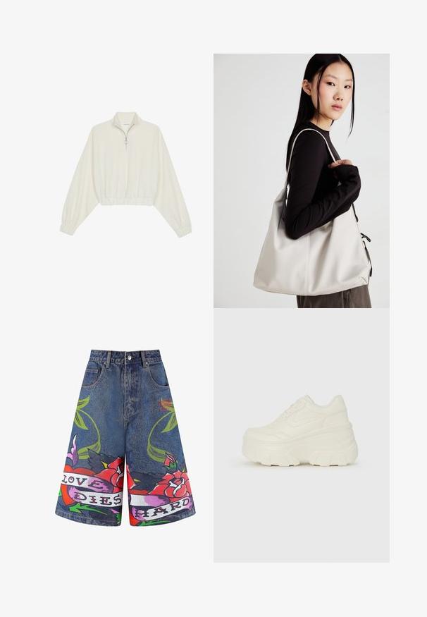 Cropped pullover in cream fabric, featuring a high collar, half-zip closure, elasticated hem and cuffs, with a smooth texture and minimal design.; Denim shorts with a blue wash featuring colorful floral graphics. "LOVE DIES HARD" printed on a ribbon. Stitched detailing and front pockets.; White platform sneakers featuring a smooth leather-like upper, rounded shape, padded collar, and textured rubber sole with defined treads.; Beige handbag made of soft material, featuring a slouchy design, stitched detailing, and two shoulder straps. Suitable for everyday use.