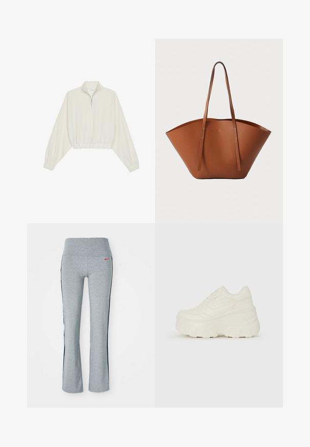Avkortad tröja i krämfärgad tyg, med hög krage, halvdragkedja, elastisk nederkant och ärmar, med en slät yta och minimalistisk design.; Grå träningbyxor med en bred midja, med en röd Nike-logotyp och svarta sidränder. Tillverkade av mjukt, stretchigt material.; Vita plattformssneakers med en slät läderliknande överdel, rundad form, vadderad krage och texturerad gummisula med definierade mönster.; Brun läder tote-väska med en bred, strukturerad form, tunna handtag och en texturerad yta. Den har en minimalistisk design utan synlig hårdvara.