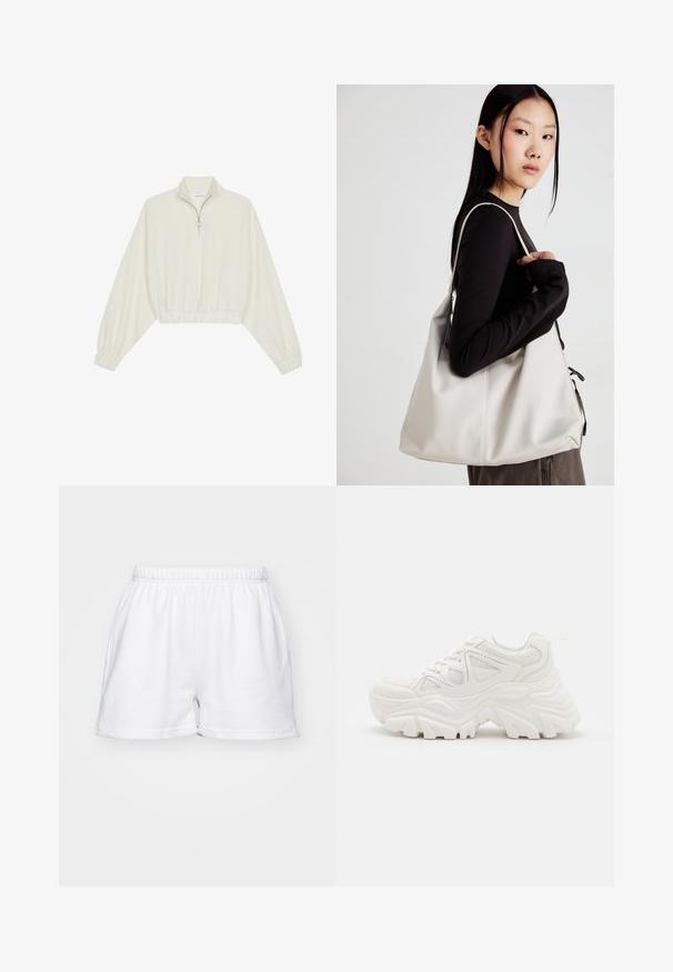 Pulover scurt din stofă crem, cu guler înalt, închidere cu fermoar pe jumătate, elastic la margini și la manșete, cu o textură netedă și un design minimalist.; Pantaloni scurți din bumbac alb cu talie elastică, buzunare laterale și o croială lejeră, pe un fundal simplu.; Adidași albi chunky, cu un superior texturat, panouri din plasă și tălpi de cauciuc groase, cu un model de profil proeminent. Inclusiv șireturi și tab de prindere.; Geantă bej din material moale, cu un design lejer, detalii cusute și două bretele pentru umăr. Potrivită pentru utilizarea zilnică.