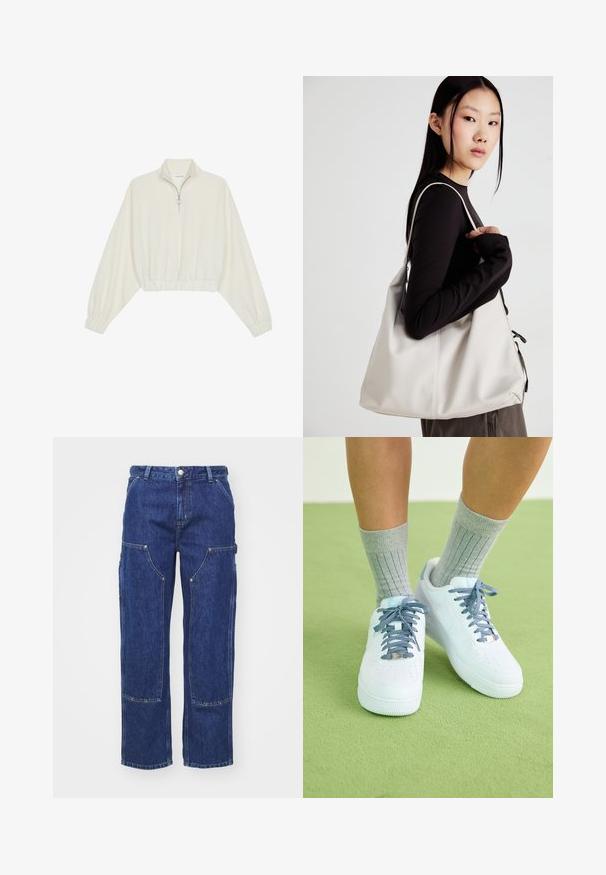 Cropped pullover in cream fabric, featuring a high collar, half-zip closure, elasticated hem and cuffs, with a smooth texture and minimal design.; Carhartt WIP NASHUA DOUBLE KNEE PANT - Relaxed fit jeans - blue; White leather sneakers with blue accents, perforated toe design, and textured blue-and-white laces, worn with gray ribbed socks.; Beige handbag made of soft material, featuring a slouchy design, stitched detailing, and two shoulder straps. Suitable for everyday use.