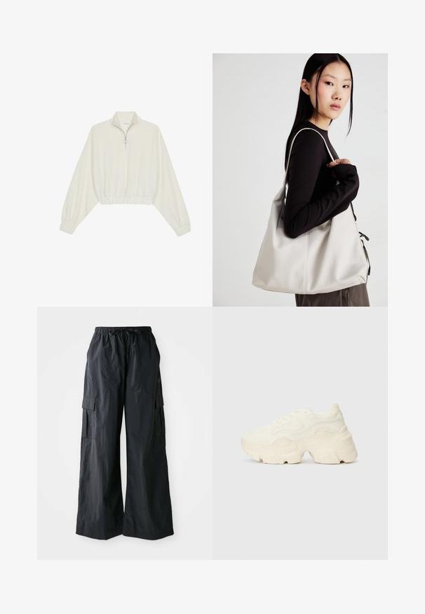 Cropped pullover in cream fabric, featuring a high collar, half-zip closure, elasticated hem and cuffs, with a smooth texture and minimal design.; Black cargo pants made of lightweight fabric, featuring a wide leg design, elastic waistband, and multiple side pockets. Simple and functional.; Chunky white sneakers made of textured mesh and synthetic materials, featuring a thick sole and intricate pattern details along the sides.; Beige handbag made of soft material, featuring a slouchy design, stitched detailing, and two shoulder straps. Suitable for everyday use.