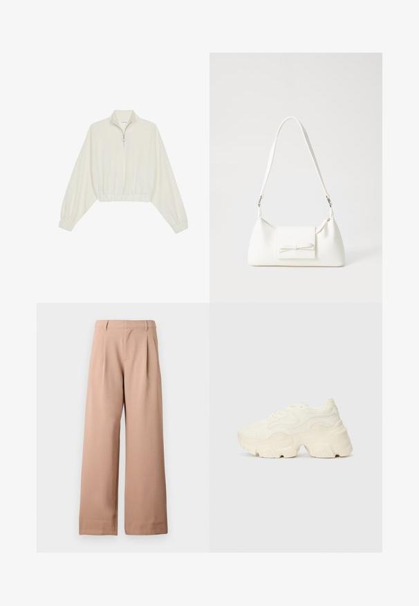 Zkrácený svetr z krémové látky, který má vysoký límec, poloviční zip, elastický spodní lem a manžety, hladkou texturu a minimalistický design.; Béžové kalhoty s širokými nohavicemi, poutky na opasek, sklady v pase a plochým předním dílem, vystavené na čistém bílém pozadí.; Chunky bílé tenisky vyrobené z texturované síťoviny a syntetických materiálů, s tlustou podrážkou a složitými vzorovými detaily podél stran.; Bílá syntetická kabelka v trojúhelníkovém tvaru, s plochým předním klopným víkem a detailem mašle, nastavitelným popruhem, hladkým povrchem a minimalistickým designem.