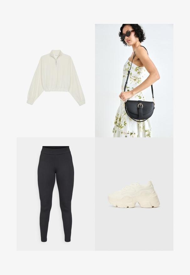 Pulover scurt din stofă crem, cu guler înalt, închidere cu fermoar pe jumătate, elastic la margini și la manșete, cu o textură netedă și un design minimalist.; Colanți negri dintr-un material elastic, cu un talie înaltă, ajustați pe corp și o textură netedă, fără modele sau accente vizibile.; Tenisi albi voluminoși, fabricați din plasă texturată și materiale sintetice, cu o talpă groasă și detalii de model intricate pe laturi.; Geantă din piele neagră, cu o formă curbată, curea detașabilă și accesorii aurii. Geanta are un capac cu un detaliu tip cataramă.