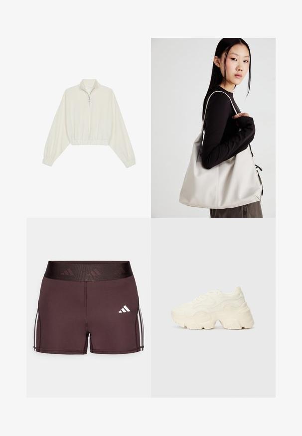 Kratka pulover v kremnem blagu, z visokim ovratnikom, pol-zadrgo, elastičnim robom in manšetami, z gladko teksturo in minimalističnim oblikovanjem.; Bordo atletske hlače s visokim pasom, ki imajo logotip in bele stranske črte. Narejene so iz gladkega, raztegljivega materiala za udobje.; Debele bele športne copate, izdelane iz teksturirane mrežaste in sintetične materialov, z debelim podplatom in zapletenimi vzorčičnimi detajli ob straneh.; Bežna torbica iz mehkega materiala, z ohlapno zasnovo, šivi in dvema naramnicama. Primerna za vsakodnevno uporabo.