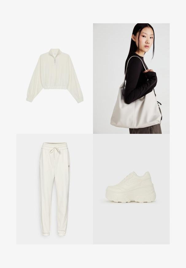 Cropped pullover in cream fabric, featuring a high collar, half-zip closure, elasticated hem and cuffs, with a smooth texture and minimal design.; New Balance WARMING PERFORMANCE JOGGER - Tracksuit bottoms - offwhite; White platform sneakers featuring a smooth leather-like upper, rounded shape, padded collar, and textured rubber sole with defined treads.; Beige handbag made of soft material, featuring a slouchy design, stitched detailing, and two shoulder straps. Suitable for everyday use.