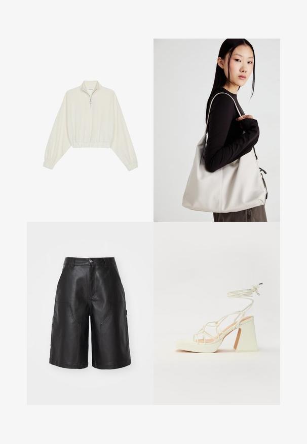 Zkrátený pulover z krémového materiálu, s vysokým golierom, polovičným zipsom, elastickým lemom a manžetami, s hladkou textúrou a minimalistickým dizajnom.; Čierne kožené šortky so strihom do rovna, disponujúce dvoma prednými vreckami a jemnými švovými detailmi. Hladká textura a odolný materiál.; Biele sandále na vysokom opätku s hrubým podpätkom, s pruhovaným dizajnom a viazaním na členku. Hladký povrch s platformou vpredu pre zvýšenú výšku.; Béžová kabelka vyrobená z mäkkého materiálu, s uvoľneným dizajnom, prišitými detailmi a dvoma popruhmi na nosenie na pleciach. Vhodná na každodenné nosenie.