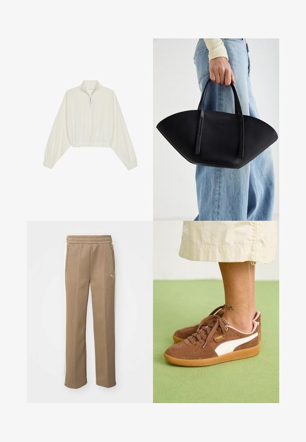 Kreminės spalvos trumpas megztinis, turintis aukštą apykaklę, pusiau užtrauktuką, elastinį apačią irRankovių kraštus, su lygiu paviršiumi ir minimalizuotu dizainu.; Rudos sportiniai langučiai, pagaminti iš minkštos medžiagos, su balta šonine juostele, elastingu juosmeniu ir užtrauktukais abiejose pusėse.; Rudi nubuko sportiniai bateliai su baltu akcentu, guma padanga ir rausvu kulnu. Matomi raišteliai ir prekės ženklas. Iš dalies matomas kulkšnies tatuiruotė.; Juodas odinis rankinis uždangalas unikaliu ventiliatoriaus formos dizainu, turintis plokščias rankenas. Paviršius turi akmeninė tekstūrą ir minimalistišką dizainą.