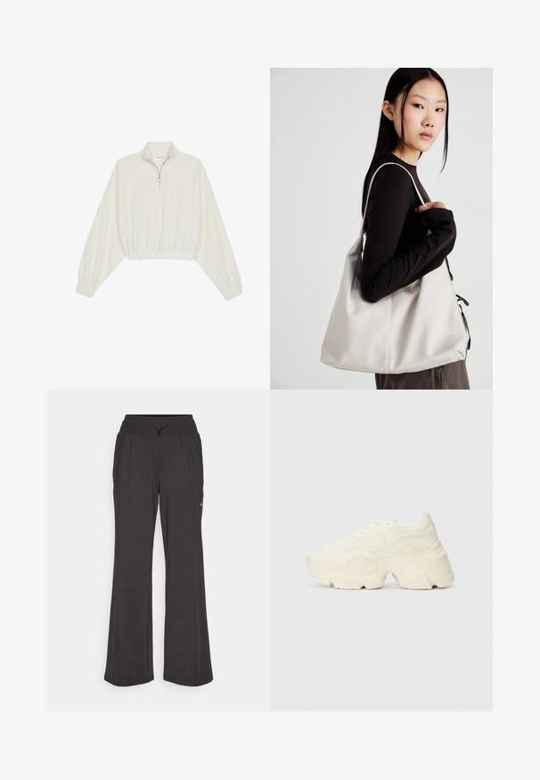 Zkrátený pulover z krémového materiálu, s vysokým golierom, polovičným zipsom, elastickým lemom a manžetami, s hladkou textúrou a minimalistickým dizajnom.; Sivé, voľné nohavice so širokým strihom, vyrobené z mäkkého materiálu. Majú elastický pás so šnúrkou a bočné vrecko.; Masívne biele tenisky vyrobené z texturovanej sieťoviny a syntetických materiálov, s hrubou podošvou a zložitými vzorovými detailmi na bokoch.; Béžová kabelka vyrobená z mäkkého materiálu, s uvoľneným dizajnom, prišitými detailmi a dvoma popruhmi na nosenie na pleciach. Vhodná na každodenné nosenie.