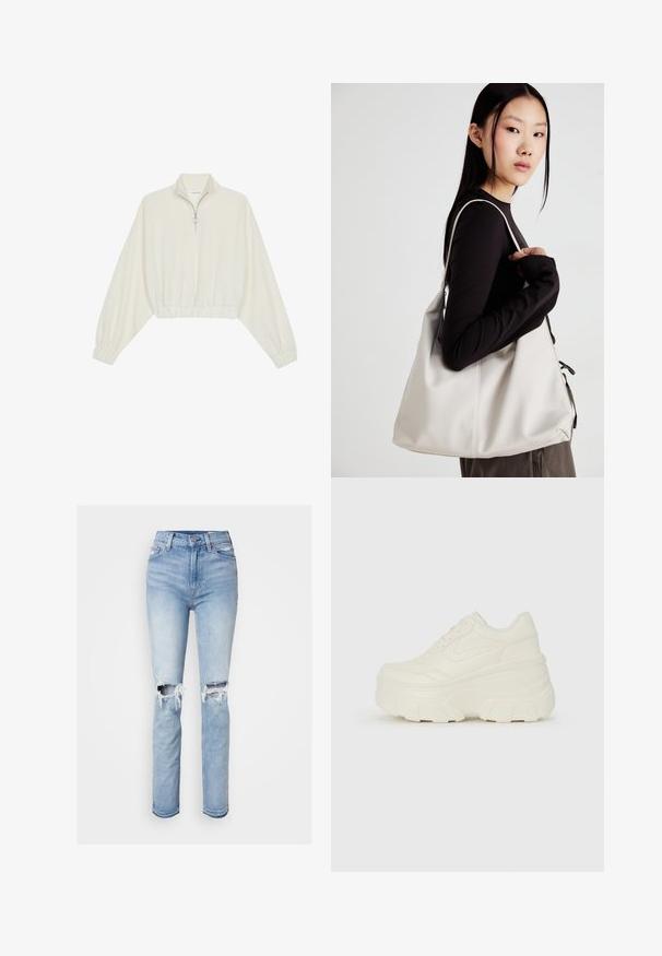 Pulover scurt din stofă crem, cu guler înalt, închidere cu fermoar pe jumătate, elastic la margini și la manșete, cu o textură netedă și un design minimalist.; Jeans din denim albastru cu talie înaltă, cu distrugeri la genunchi, croială dreaptă, spălare deschisă și detalii cu margine desfăcută.; Adidași platformă albi, cu un superior neted asemănător cu pielea, formă rotunjită, guler căptușit și talpă din cauciuc texturată cu borduri bine definite.; Geantă bej din material moale, cu un design lejer, detalii cusute și două bretele pentru umăr. Potrivită pentru utilizarea zilnică.