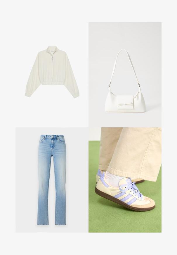 Kreemfarbenest lühikese varrukaga kudum, millel on kõrge kaelus, pool tõmblukk, elastne allosa ja varrukad, sile tekstuur ja minimaalne disain.; Heledad sinine teksapüksid kõrge vöökoht, sirge sääre lõige ja peen kulumine. Varustatud viie tasku ja vöökummiga.; Kreemi ja lavendlivärvi tenniset, millel on kolm triipu ja tekstuuriga pruun tall, varustatud paelte ja pehmendatud kontsaga. Pehme kangast ülemine osa.; Valge sünteetilisest materjalist kott kolmnurkse kujuga, lame esiklapiga ja kaaredetailiga, reguleeritava rihmaga, sileda tekstuuriga ja minimalistliku disainiga.