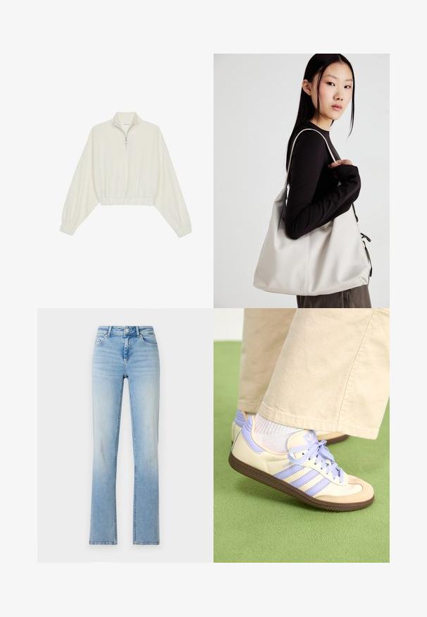 Zkrácený svetr z krémové látky, který má vysoký límec, poloviční zip, elastický spodní lem a manžety, hladkou texturu a minimalistický design.; Světle modré džíny s vysokým pasem, rovného střihu a jemným zesvětlením. Obsahují pět kapes a poutka na opasek.; Krémové a levandulové tenisky se třemi pruhy a texturovanou hnědou podrážkou, vybavené tkaničkami a polstrovanou patou. Měkký textilní svršek.; Beige kabelka vyrobená z měkkého materiálu, s volným designem, prošívanými detaily a dvěma ramenními popruhy. Vhodná pro každodenní použití.