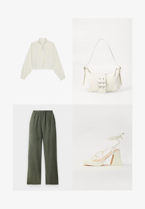 Gerippter Pullover aus cremefarbener Baumwolle mit hohem Kragen, halbem Reißverschluss, elastischen Säumen und Bündchen, glatter Textur und minimalistischem Design.; Grüne, weite Hosen aus weichem Stoff mit elastischem Bund. Sie verfügen über eine glatte Textur und ein einfaches, minimalistisches Design.; Weiße High-Heel-Sandale mit einem klobigen Absatz, die über ein Riemchendesign und ein Knöchelband verfügt. Glatte Textur mit einer Plattform vorne für zusätzliche Höhe.; Weiße Schultertasche mit texturierter Oberfläche, zentralem Schnallenakzent und geschwungener Form. Reißverschluss an beiden Seiten.
