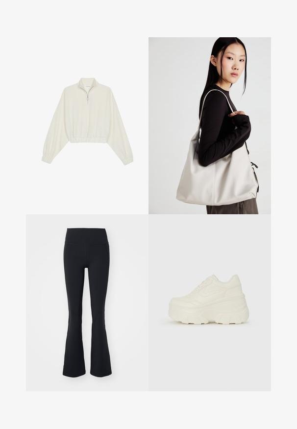 Kreemfarbenest lühikese varrukaga kudum, millel on kõrge kaelus, pool tõmblukk, elastne allosa ja varrukad, sile tekstuur ja minimaalne disain.; Mustad flared jooga püksid, mis on valmistatud venivast kangast, kõrge vöökoha ja õmblusteta disainiga. Sile tekstuur, sobib aktiivseks kasutamiseks.; Valged platvormi tõusukingad, millel on siledast nahast meenutav pealis, ümar kuju, pehmendatud kaelus ja tekstureeritud kummitald koos selgete hüdrofoobsete mustritega.; Bež käekott pehme materjali, millel on lõtv disain, õmblustega detailid ja kaks õlarihma. Sobib igapäevaseks kasutamiseks.