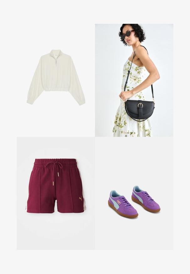 Lyhyt kerrosvaate vaaleasta kankaasta, jossa on korkea kaulus, puolivetoketjukiinnitys, joustavat helma ja hihansuut, tasainen pinta ja minimalistinen muotoilu.; Bordeaux urheilusortsit, joissa on teksturoitu kangas, joustava vyötärö, nyöri ja vaalean cremin väriset sivupaneelit, joissa on kullanvärinen logo-yleitys.; Violet mokkanahka lenkkarit, joissa on vaaleansinisiä yksityiskohtia ja nauhoja. Kenkien pohja on kuminen ja sivussa on kultainen logo brändäystä varten.; Musta nahkainen käsilaukku, joka on kaareva muotoilultaan, irrotettavalla hihnalla ja kultaisilla yksityiskohdilla. Laukussa on läppä, jossa on solk yksityiskohta.