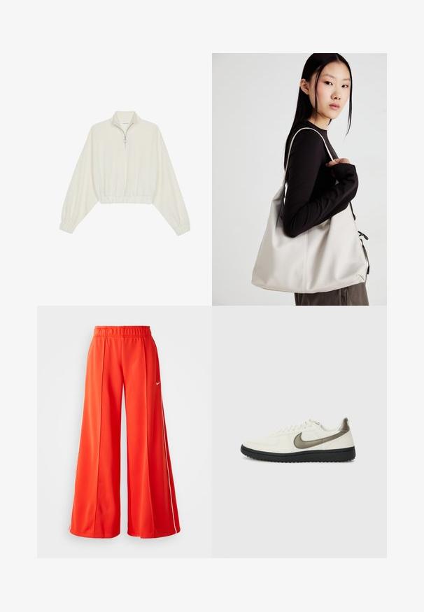 Kreptais pusītes džemperis krēmkrāsā, ar augstu apkakli, puszipa aizdari, elastīgu apakšmalu un aprocēm, ar gludu tekstūru un minimālistisku dizainu.; Sarkani sporta bikses izgatavotas no viegla auduma, ar platajām kājām, elastīgu jostasvietu un baltu Nike logo sānos.; Nike Sportswear FIELD GENERAL - Treniņu apavi - off-white/black; Bežs rokassoma, izgatavota no mīksta materiāla, ar brīvu dizainu, izšūtu apdari un divām plecu siksnām. Piemērota ikdienas lietošanai.