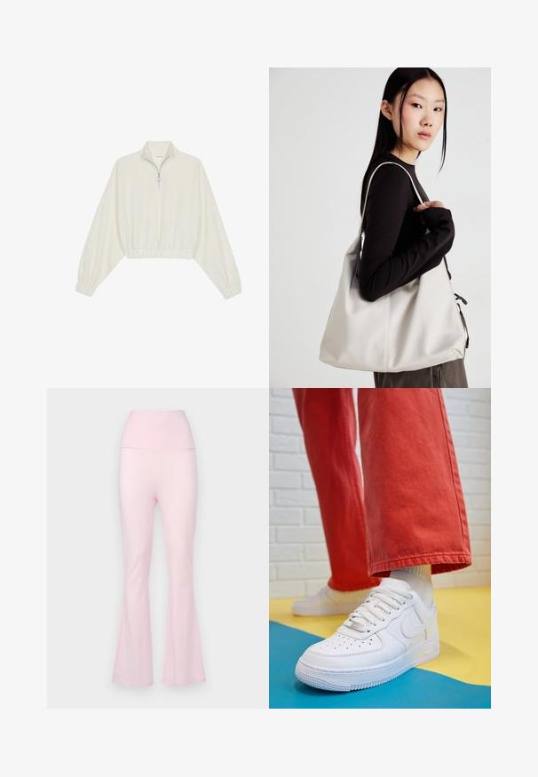 Pullover curto em tecido creme, apresentando um colarinho alto, fecho de meio zíper, bainha e punhos elásticos, com uma textura suave e design minimalista.; Calças de yoga em rosa claro, justas na parte superior e largas na parte inferior, feitas de um material macio e elástico, com uma cintura alta e textura suave, sem padrões visíveis ou acessórios.; Sapatilha de couro branca com biqueira perfurada, sola texturizada e atacadores brancos, combinada com calças largas vermelhas e um fundo azul e amarelo.; Uma bolsa bege feita de material macio, com um design descontraído, detalhes de costura e duas alças para o ombro. Adequada para uso diário.