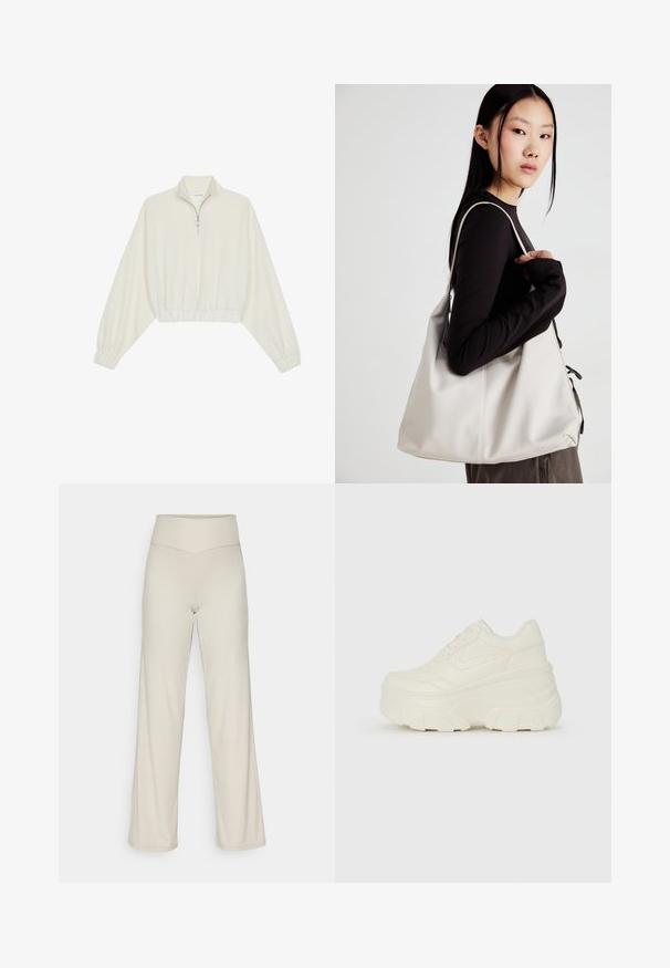 Krém színű, rövidített pulóver, magas gallérral, félig cipzáros záródással, elasztikus derék- és ujjakrésszel, sima textúrával és minimalista dizájnnal.; Beige színű, széles lábú nadrág bordázott textúrával, magas derékkal és egyenes szabással. Diszkrét hasíték található az alján.; Fehér platform sportcipők, sima bőrszerű felsőrésszel, kerek formával, párnázott bokával és texturált gumitalppal, jól definiált mintázattal.; Puha anyagból készült bézs kézitáska, laza dizájnnal, varrott részletekkel és két vállpánttal. Mindennapi használatra alkalmas.