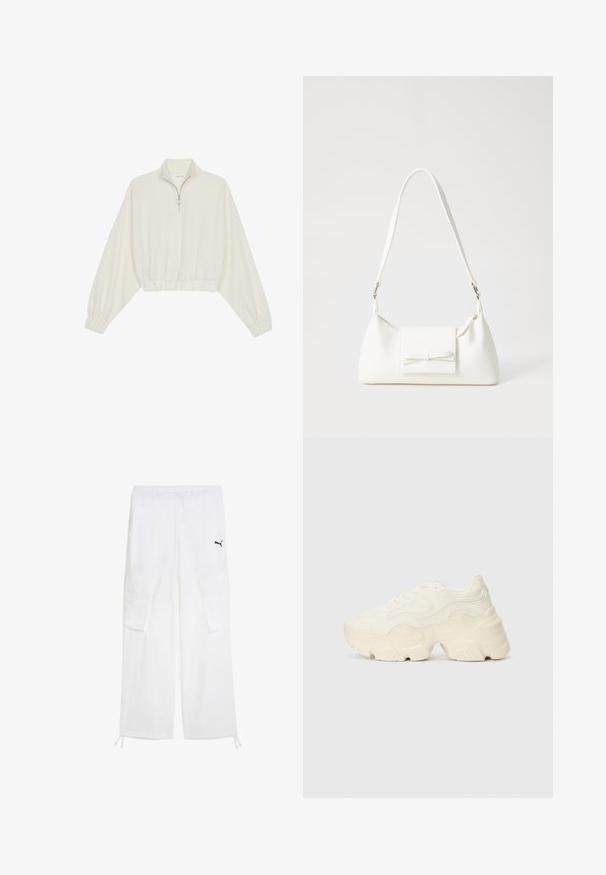Skórzany pulower w kolorze kremowym, z wysokim kołnierzem, półzamkiem, elastycznym wykończeniem u dołu i mankietami, o gładkiej teksturze i minimalistycznym designie.; Białe spodnie cargo wykonane z lekkiego materiału, z elastycznym paskiem w talii, dwoma dużymi kieszeniami bocznymi i małym czarnym logo z przodu.; Podeszwa chunky białych sneakersów wykonana z teksturowanej siateczki i materiałów syntetycznych, z grubą podeszwą i skomplikowanymi detalami wzoru po bokach.; Biała syntetyczna torba o trójkątnym kształcie, płaskim przednim klapce i detalach w postaci kokardy, regulowanym pasku, gładkiej fakturze oraz minimalistycznym designie.