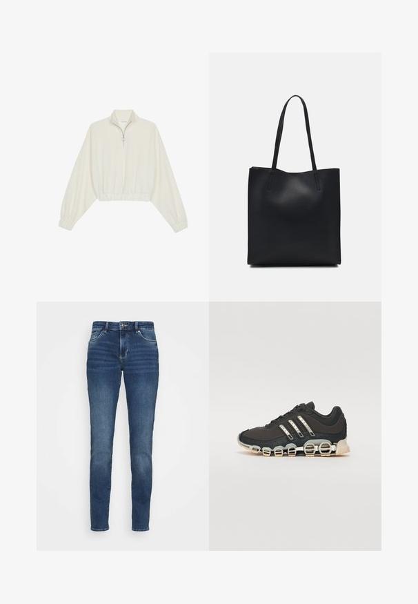 Kratka pulover v kremnem blagu, z visokim ovratnikom, pol-zadrgo, elastičnim robom in manšetami, z gladko teksturo in minimalističnim oblikovanjem.; Temno modri jeans vjeze z obliko, pet žepov, svetlo bledeče na sprednji strani in kovinski dodatki na pasu ter žepih.; Črne športne čevlje z teksturiranim zgornjim delom, tremi srebrnimi črtami in značilno blažilno podplatom, ki vključuje več integriranih delov.; Črna usnjena torba s svilnato teksturo, pravokotne oblike in dvema dolgima ročajema. Brez vidnih metalnih delov ali okrasnih elementov.