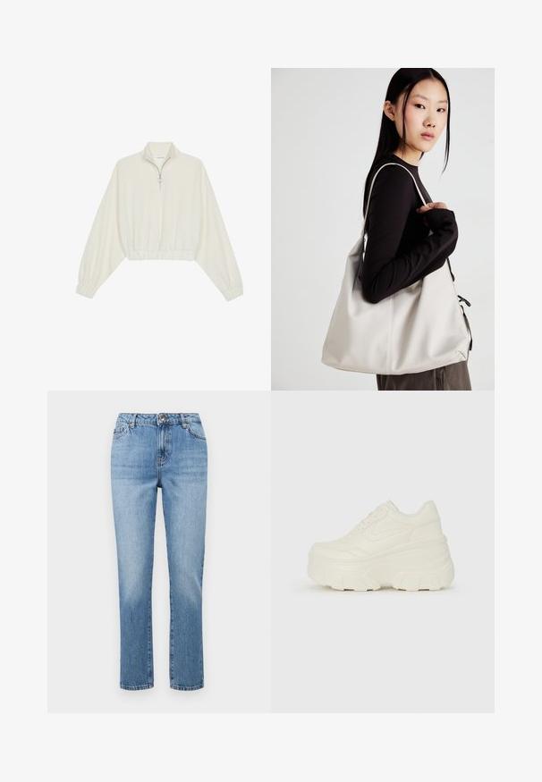 Kratka pulover v kremnem blagu, z visokim ovratnikom, pol-zadrgo, elastičnim robom in manšetami, z gladko teksturo in minimalističnim oblikovanjem.; Svjetloplave ravne traperice od denima, s pojasom koji ima petlje za remen, prednjim džepovima i suptilnim detaljima izbljeđivanja.; Bele platformske tene z belim zgornjim delom, ki spominja na usnje, okroglo obliko, oblazinjen ovratnik ter gumo z teksturo na podplatu z izrazitimi profili.; Bežna torbica iz mehkega materiala, z ohlapno zasnovo, šivi in dvema naramnicama. Primerna za vsakodnevno uporabo.