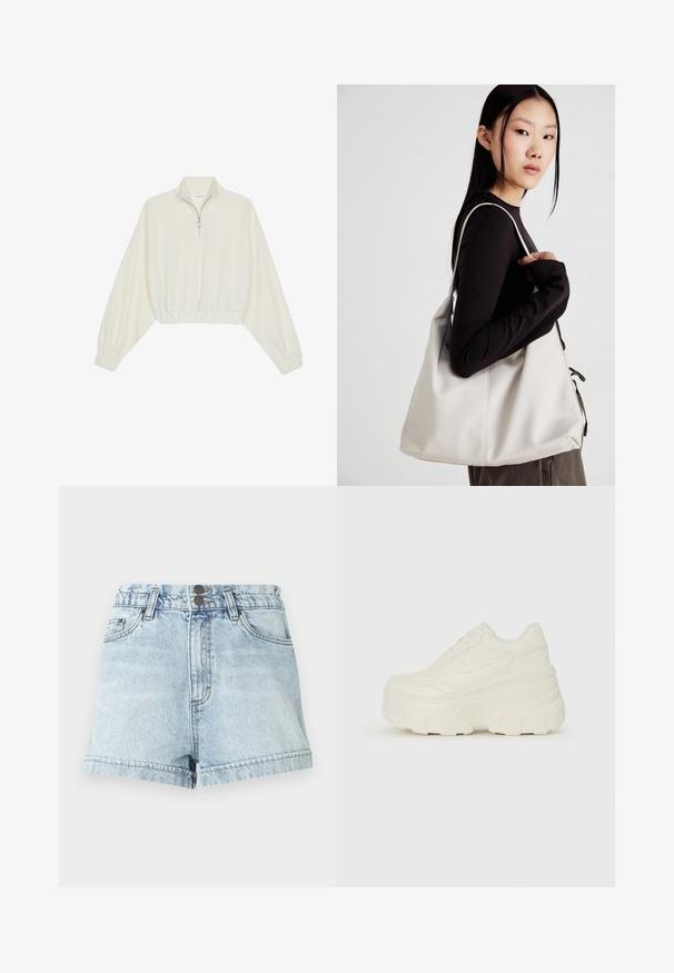 Pullover curto em tecido creme, apresentando um colarinho alto, fecho de meio zíper, bainha e punhos elásticos, com uma textura suave e design minimalista.; Bermudas de ganga azul claro com cintura alta, dois bolsos frontais, dois botões e bainhas dobradas, apresentando um efeito gasto e ligeiros desgastes.; Tênis brancos de plataforma com um cabedal suave semelhante a couro, formato arredondado, colarinho acolchoado e sola de borracha texturizada com ranhuras bem definidas.; Uma bolsa bege feita de material macio, com um design descontraído, detalhes de costura e duas alças para o ombro. Adequada para uso diário.