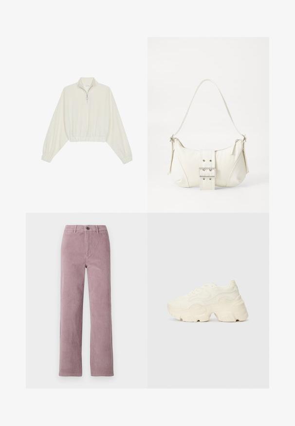 Cropped pullover in cream fabric, featuring a high collar, half-zip closure, elasticated hem and cuffs, with a smooth texture and minimal design.; Corduroy pants in light mauve with a straight-leg cut. Features a front button closure and vertical ribbed texture.; Chunky white sneakers made of textured mesh and synthetic materials, featuring a thick sole and intricate pattern details along the sides.; White shoulder bag with a textured finish, a central buckle accent, and a curved shape. Zipper closures on both sides.