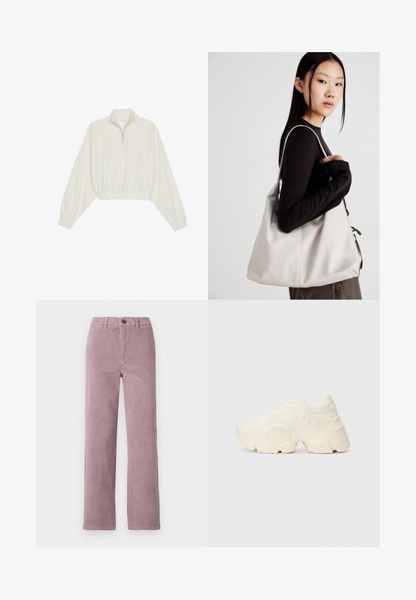 Zkrátený pulover z krémového materiálu, s vysokým golierom, polovičným zipsom, elastickým lemom a manžetami, s hladkou textúrou a minimalistickým dizajnom.; Kordové nohavice svetlého mauve s rovnými nohami. Majú predné zapínanie na gombík a vertikálny ribovaný vzor.; Masívne biele tenisky vyrobené z texturovanej sieťoviny a syntetických materiálov, s hrubou podošvou a zložitými vzorovými detailmi na bokoch.; Béžová kabelka vyrobená z mäkkého materiálu, s uvoľneným dizajnom, prišitými detailmi a dvoma popruhmi na nosenie na pleciach. Vhodná na každodenné nosenie.