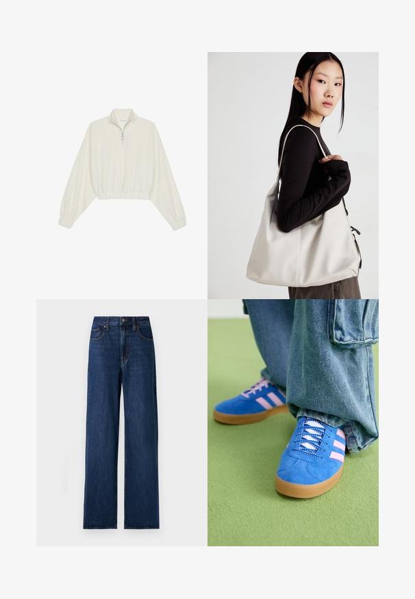 Krém színű, rövidített pulóver, magas gallérral, félig cipzáros záródással, elasztikus derék- és ujjakrésszel, sima textúrával és minimalista dizájnnal.; Sötétkék, bő szárú farmernadrág denim anyagból. Magas derékkal, öt zsebbel, gombos és cipzáras záródással, valamint kontrasztos varrással rendelkezik.; Kék velúr cipők rózsaszín csíkokkal és fehér fűzővel, gumiból készült talppal, laza farmernadrággal egy zöld felületen.; Puha anyagból készült bézs kézitáska, laza dizájnnal, varrott részletekkel és két vállpánttal. Mindennapi használatra alkalmas.