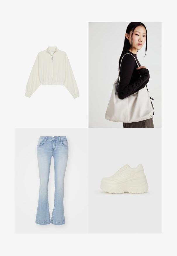 Kort genser i kremfarget stoff, med høy krage, halv glidelås, elastisk nederste kant og mansjetter, med en glatt tekstur og minimalistisk design.; Lyseblå utsvingte jeans laget av denimstoff med fem lommer, beltestropper og synlig søm på kanten. Glatt tekstur med lett falming.; Hvite plattformsnickers med en glatt læraktig overdel, avrundet form, polstret krage og teksturert gummisåle med tydelige dekk.; Beige håndveske laget av mykt materiale, med en slapp design, sydd detaljer og to skulderstropper. Passer for daglig bruk.