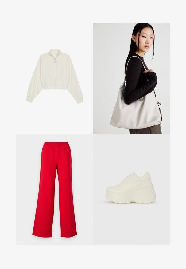 Kreemfarbenest lühikese varrukaga kudum, millel on kõrge kaelus, pool tõmblukk, elastne allosa ja varrukad, sile tekstuur ja minimaalne disain.; Punased laiad püksid elastse vöökohtaga, mis on valmistatud siledast ja kergest materjalist. Kujunduses ei ole nähtavaid metallosi ega mustreid.; Valged platvormi tõusukingad, millel on siledast nahast meenutav pealis, ümar kuju, pehmendatud kaelus ja tekstureeritud kummitald koos selgete hüdrofoobsete mustritega.; Bež käekott pehme materjali, millel on lõtv disain, õmblustega detailid ja kaks õlarihma. Sobib igapäevaseks kasutamiseks.