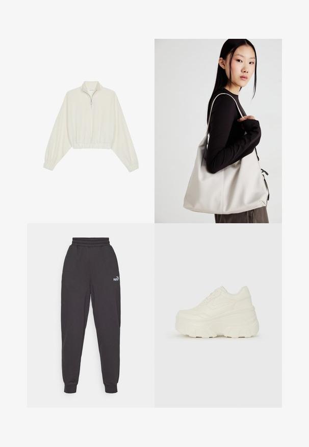Pullover curto em tecido creme, apresentando um colarinho alto, fecho de meio zíper, bainha e punhos elásticos, com uma textura suave e design minimalista.; Calças de moletão cinza-escuras apresentam um ajuste descontraído, cintura elástica e punhos canelados. Um pequeno logotipo branco da Puma é visível na perna esquerda.; Tênis brancos de plataforma com um cabedal suave semelhante a couro, formato arredondado, colarinho acolchoado e sola de borracha texturizada com ranhuras bem definidas.; Uma bolsa bege feita de material macio, com um design descontraído, detalhes de costura e duas alças para o ombro. Adequada para uso diário.