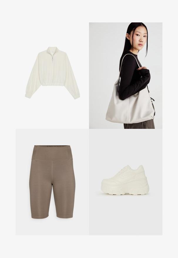 Pullover curto em tecido creme, apresentando um colarinho alto, fecho de meio zíper, bainha e punhos elásticos, com uma textura suave e design minimalista.; Calções de ciclismo castanhos feitos de um tecido elástico com uma cintura alta. Apresentam uma textura suave e costuras planas para maior conforto. Sem logótipos ou padrões visíveis.; Tênis brancos de plataforma com um cabedal suave semelhante a couro, formato arredondado, colarinho acolchoado e sola de borracha texturizada com ranhuras bem definidas.; Uma bolsa bege feita de material macio, com um design descontraído, detalhes de costura e duas alças para o ombro. Adequada para uso diário.
