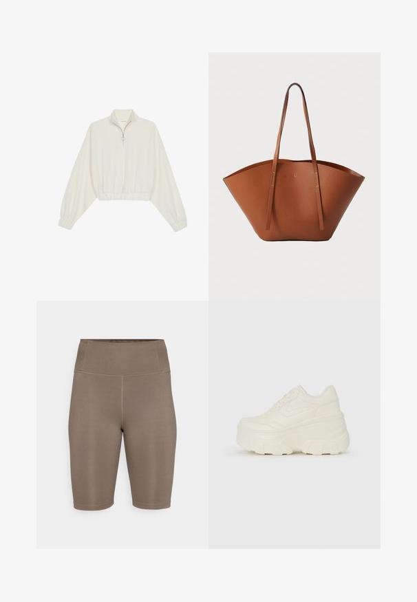 Skraćeni pulover od kremastog materijala, s visokim ovratnikom, zatvaranjem na polovicu munje, elastičnim rubom i manžetama, s glatkom teksturom i minimalnim dizajnom.; Smešani smeđi biciklistički šorts od rastezljivog materijala s visokim strukom. Ima glatku teksturu i ravne šavove za udobnost. Nema vidljivih logotipa ili uzoraka.; Bijele platformske tenisice s glatkim gornjim dijelom koji nalikuje koži, zaobljenim oblikom, podstavljenim okvirom i teksturiranim gumeni potplat s definiranom profilacijom.; Smeđa kožna torba za nošenje s širokim, strukturiranim oblikom, tankim ručkama i teksturiranom površinom. Ima minimalistički dizajn bez vidljivih dijelova metalne opreme.