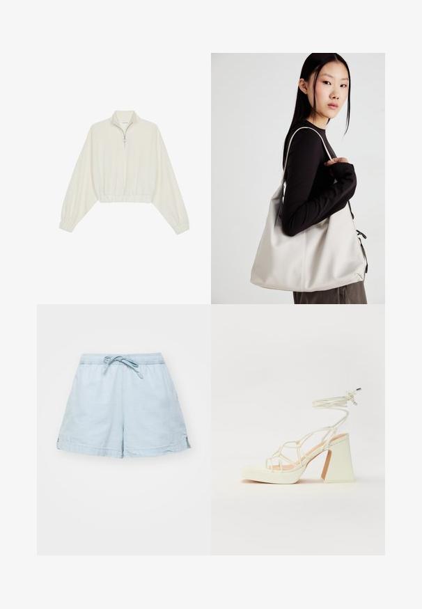Pullover curto em tecido creme, apresentando um colarinho alto, fecho de meio zíper, bainha e punhos elásticos, com uma textura suave e design minimalista.; Calças curtas leve de cor azul claro, com um cós elástico e cordão. Apresenta bolsos laterais e um ajuste descontraído, feitas de um tecido macio.; Sandálias brancas de salto alto com um salto robusto, apresentando um design com tiras e amarração no tornozelo. Textura suave com uma plataforma na frente para altura adicional.; Uma bolsa bege feita de material macio, com um design descontraído, detalhes de costura e duas alças para o ombro. Adequada para uso diário.