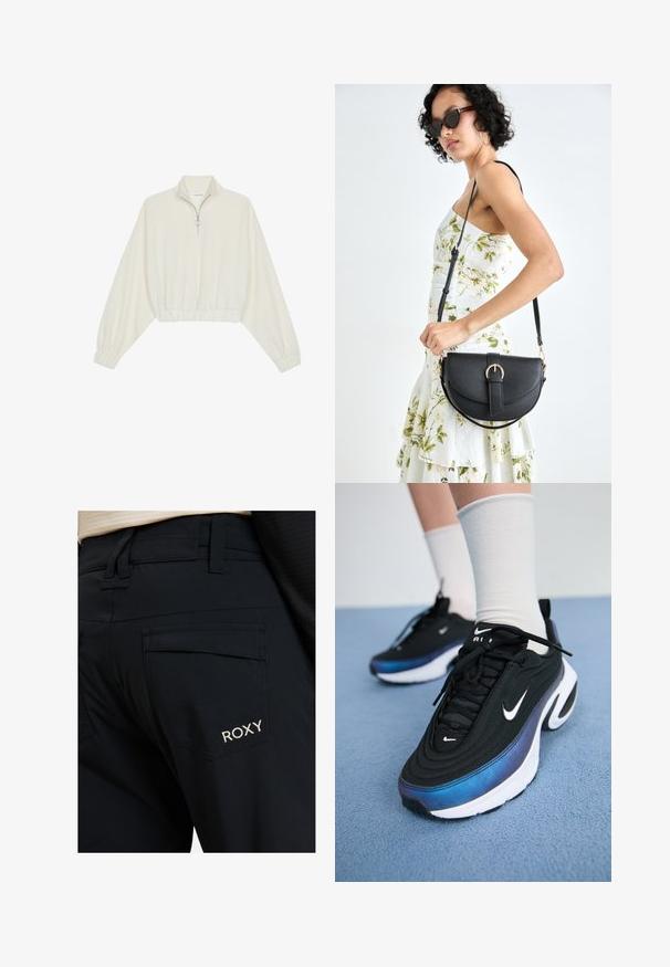 Krém színű, rövidített pulóver, magas gallérral, félig cipzáros záródással, elasztikus derék- és ujjakrésszel, sima textúrával és minimalista dizájnnal.; Fekete nadrág sima felülettel, testre szabott fazonnal és nagy hátsó zsebekkel. A Roxy logó fehér színben van hímezve a jobb zseben.; Fekete Nike sportcipők sima szövet felsőrésszel, kék-fekete gradiens dizájnnal, fehér talppal és feltűnő logókkal.; Fekete bőrtáska ívelt formával, levehető pánttal és arany színű fémrészekkel. A táskán egy csattal díszített fedél található.