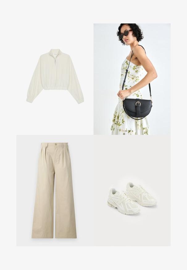 Kort genser i kremfarget stoff, med høy krage, halv glidelås, elastisk nederste kant og mansjetter, med en glatt tekstur og minimalistisk design.; Beige vide bukser laget av bomull, med folder, knapplukking og sidelommer, med en glatt og myk tekstur.; Hvite sportssko laget av mesh og syntetiske materialer, snøring, polstret krage og teksturert såle for grep. Lett konstruksjon.; Svart lærveske med en buet form, avtagbar stropp og gullbeslag. Vesken har et klaff med spenne-detall.