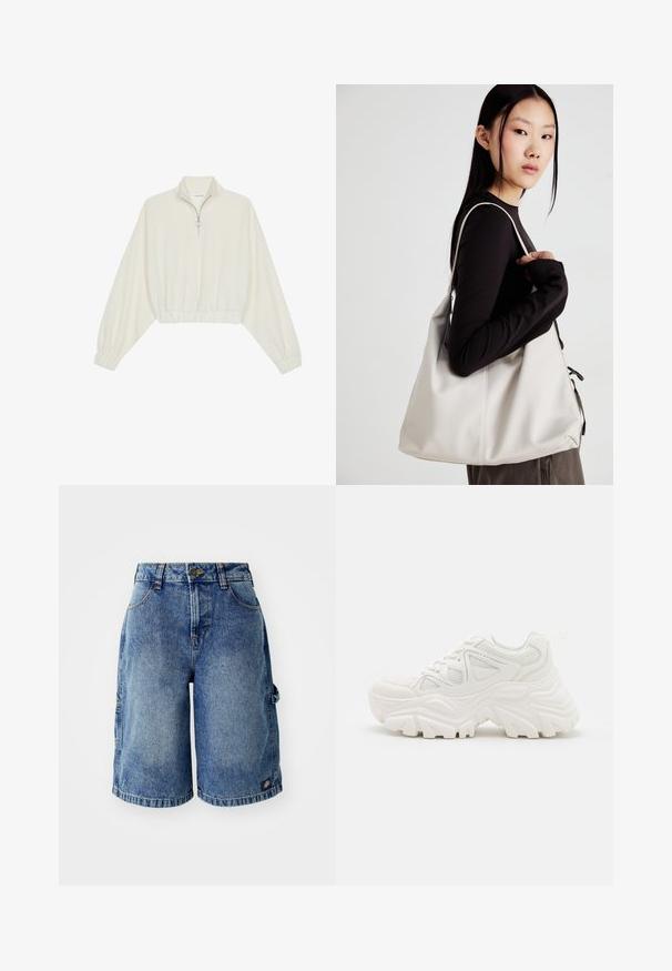 Pulover scurt din stofă crem, cu guler înalt, închidere cu fermoar pe jumătate, elastic la margini și la manșete, cu o textură netedă și un design minimalist.; Pantaloni scurți din denim, de culoare albastru deschis, cu o croială relaxată, cinci buzunare și închidere cu buton. Prezintă accente de cusătură și o mică etichetă cu logo.; Adidași albi chunky, cu un superior texturat, panouri din plasă și tălpi de cauciuc groase, cu un model de profil proeminent. Inclusiv șireturi și tab de prindere.; Geantă bej din material moale, cu un design lejer, detalii cusute și două bretele pentru umăr. Potrivită pentru utilizarea zilnică.