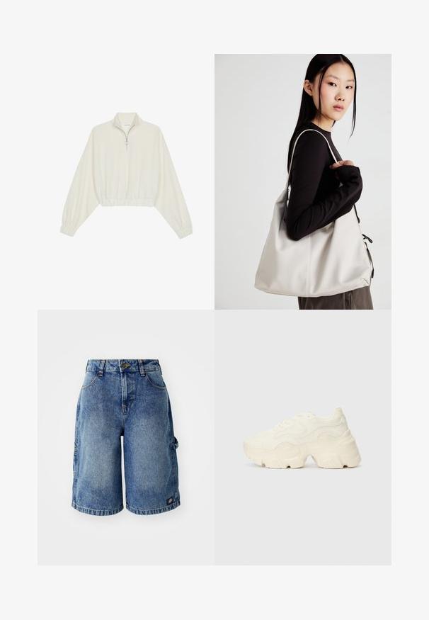 Sudadera cropped en tejido crema, con cuello alto, cierre de media cremallera, dobladillo y puños elásticos, con una textura suave y un diseño minimalista.; Pantalones cortos de mezclilla en azul claro con un corte relajado, cinco bolsillos y cierre de botón. Presenta detalles de costura y un pequeño parche con el logo.; Zapatillas blancas gruesas hechas de malla texturizada y materiales sintéticos, con una suela gruesa y detalles de patrones intrincados a lo largo de los lados.; Bolso de mano beige hecho de material suave, con un diseño holgado, detalles cosidos y dos asas. Adecuado para uso diario.