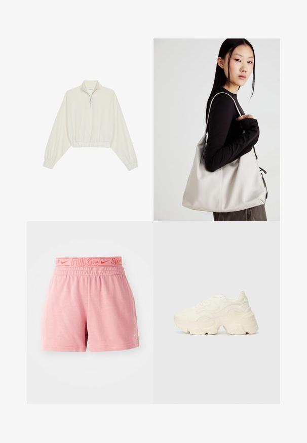 Krém színű, rövidített pulóver, magas gallérral, félig cipzáros záródással, elasztikus derék- és ujjakrésszel, sima textúrával és minimalista dizájnnal.; Rózsaszín pamut sportnadrág elastikus derékkal, piros Nike logóval. Egyszerű dizájn, sima textúrával és egyenes szabással.; Tömbös fehér sneakers, amely texturált hálóból és szintetikus anyagokból készült, vastag talppal és bonyolult mintázattal az oldalakon.; Puha anyagból készült bézs kézitáska, laza dizájnnal, varrott részletekkel és két vállpánttal. Mindennapi használatra alkalmas.