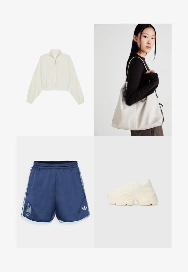 Kort genser i kremfarget stoff, med høy krage, halv glidelås, elastisk nederste kant og mansjetter, med en glatt tekstur og minimalistisk design.; Marineblå idrettsshorts med lyseblå sidelister, elastisk liv, offisielt emblem for Spania-laget og hvitt Adidas-logo.; Chunky hvite sneakers laget av teksturert mesh og syntetiske materialer, med en tykk såle og intrikate mønsterdetaljer langs sidene.; Beige håndveske laget av mykt materiale, med en slapp design, sydd detaljer og to skulderstropper. Passer for daglig bruk.