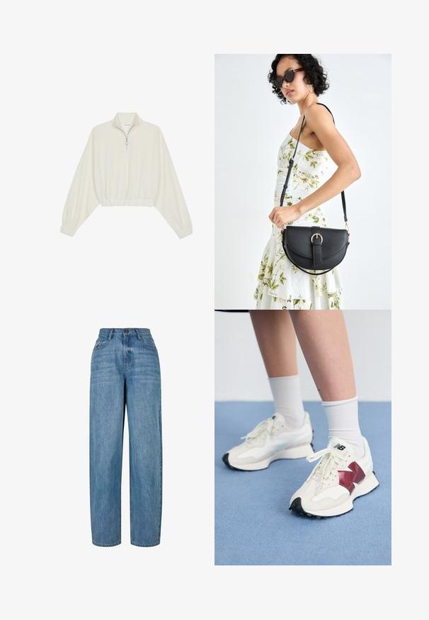 Lyhyt kerrosvaate vaaleasta kankaasta, jossa on korkea kaulus, puolivetoketjukiinnitys, joustavat helma ja hihansuut, tasainen pinta ja minimalistinen muotoilu.; Vaaleansininen farkkukangas, suora lahjemuotoilu, jossa on nappikiinnitys, viisi taskua ja hillitty haalistuminen kankaan kautta.; Pari valkoisia tennareita, joissa on maroon-väriset yksityiskohdat, teksturoituja paneleita, litteä musta pohja ja vaaleat nauhat, käytettyinä valkoisten nilkkasukkien kanssa.; Musta nahkainen käsilaukku, joka on kaareva muotoilultaan, irrotettavalla hihnalla ja kultaisilla yksityiskohdilla. Laukussa on läppä, jossa on solk yksityiskohta.