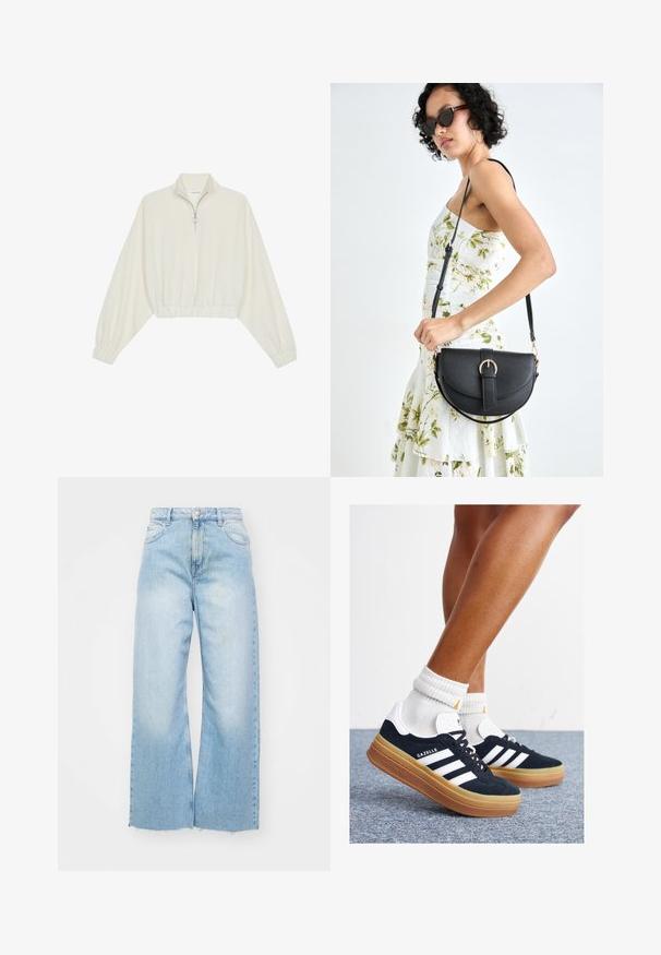 Cropped pullover in cream fabric, featuring a high collar, half-zip closure, elasticated hem and cuffs, with a smooth texture and minimal design.; Light blue wide-leg jeans made of denim, featuring a high waist, fading details, a button closure, and raw hem at the bottom.; Black suede sneakers with white stripes and accents, rounded toe, gum rubber outsole, paired with white ribbed crew socks.; Black leather handbag with a curved shape, detachable strap, and gold hardware. The bag features a flap with a buckle detail.