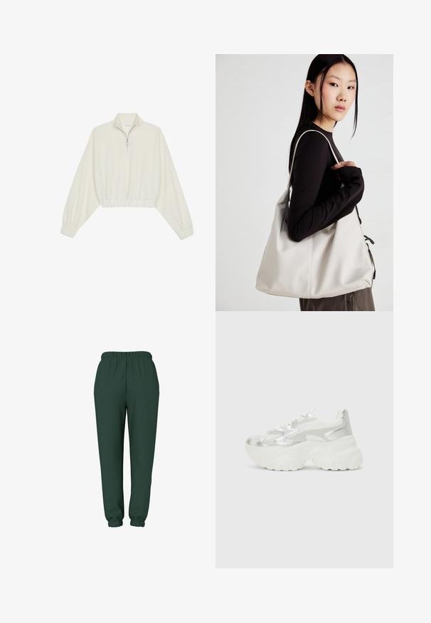 Kreemfarbenest lühikese varrukaga kudum, millel on kõrge kaelus, pool tõmblukk, elastne allosa ja varrukad, sile tekstuur ja minimaalne disain.; Tumed roheline dressipüksipaar elastse vöökohtaga, kitsenevate cuff'idega ja siledast kangast viimistlusega. Ilma nähtavate taskute või mustriteta.; Hõbedane sneaker, millel on tekstuuriga võrgust ülemine osa ja iridesSentne aktsent, pakub tummist valget tallat ja nööridega sulgemist.; Bež käekott pehme materjali, millel on lõtv disain, õmblustega detailid ja kaks õlarihma. Sobib igapäevaseks kasutamiseks.