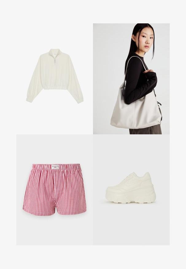 Kreptais pusītes džemperis krēmkrāsā, ar augstu apkakli, puszipa aizdari, elastīgu apakšmalu un aprocēm, ar gludu tekstūru un minimālistisku dizainu.; BDG Urban Outfitters GINGHAM BOXER - Šorti - dark red; Baltie platformas sporta apavi, kas izgatavoti no gludas mākslīgās ādas, ar noapaļotu formu, mīkstu apkakli un teksturētu gumijas zoli ar izteiktiem rakstiem.; Bežs rokassoma, izgatavota no mīksta materiāla, ar brīvu dizainu, izšūtu apdari un divām plecu siksnām. Piemērota ikdienas lietošanai.